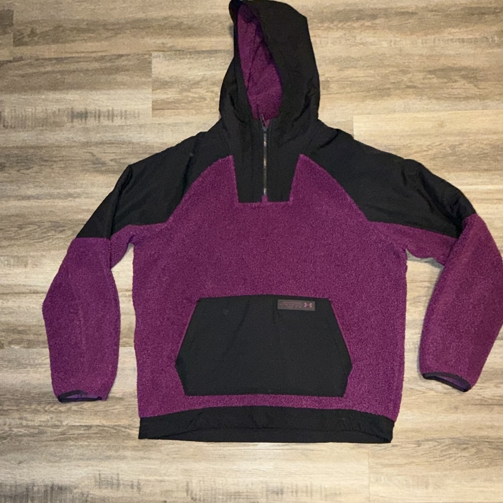 Under Armour Fleece Hoodie Pullover 1/4 Zip Colorblock Purple Black Mens L